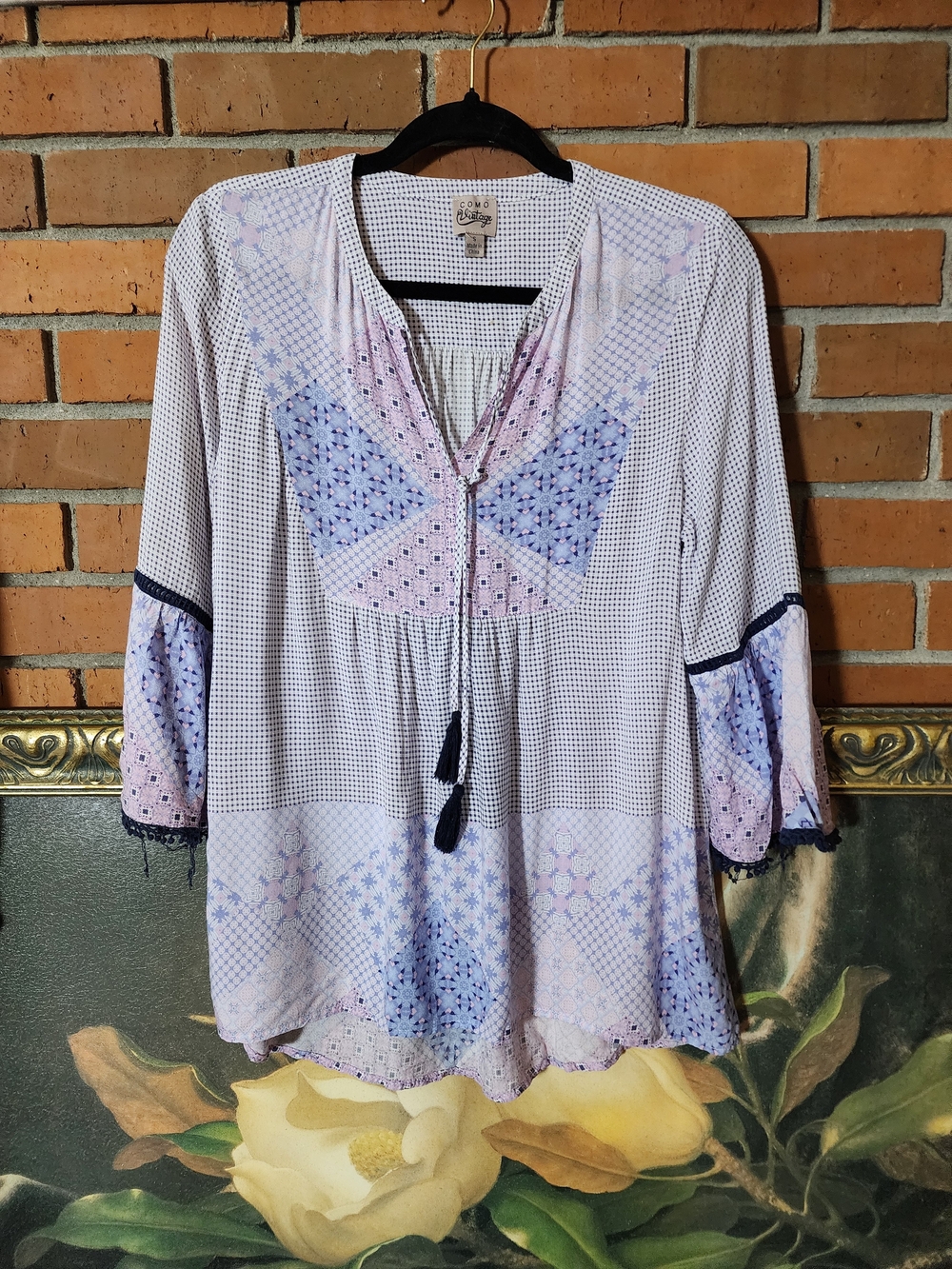 Como Vintage Lavender & Light Blue Patchwork Peasant Top